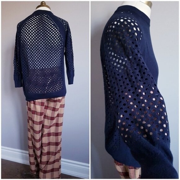Marc Jacobs Navy Blue Wool Perforated Holes 3/4 Sleeve Knit Top Sweater - XS/S - Picture 3 of 6